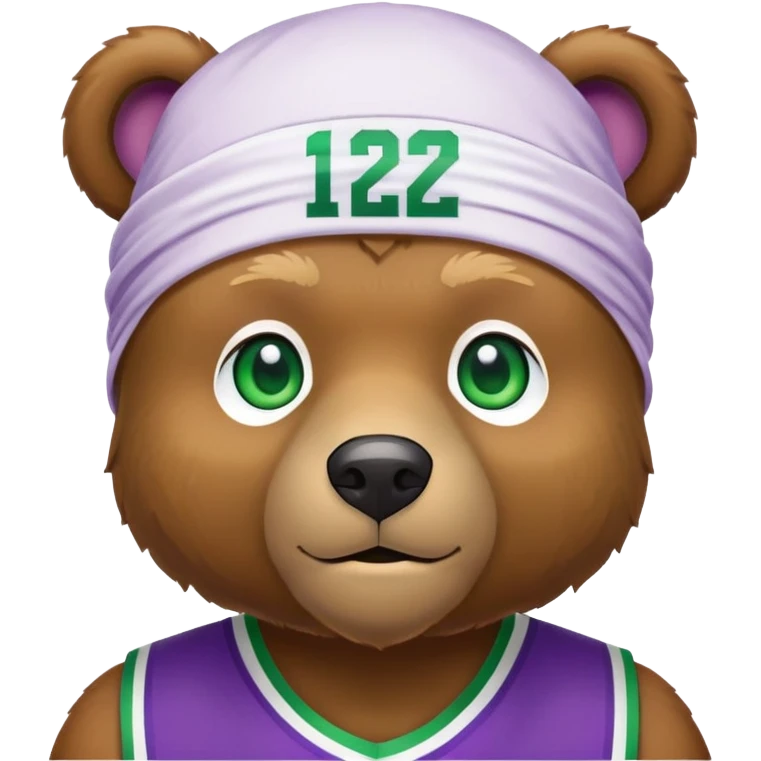 Stylish brown bear with green eyes wearing a white durag and purple and gold basketball jersey visible only to the shoulders, iOS emoji style emoji