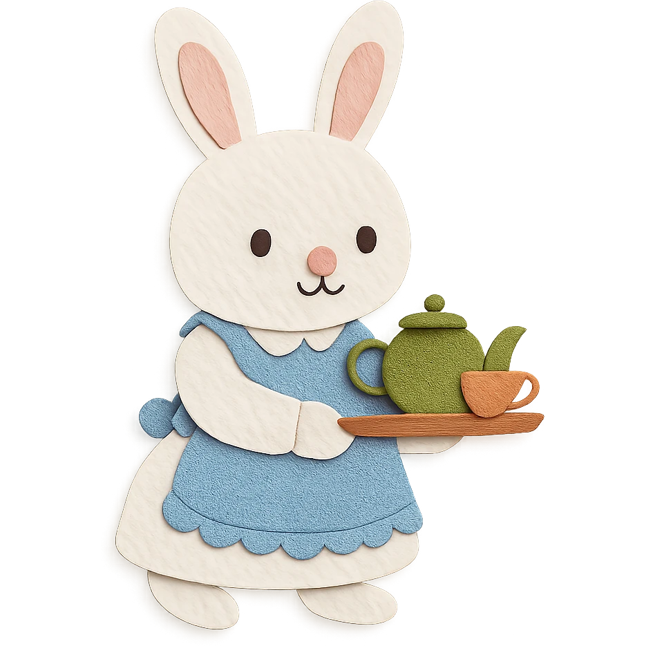 highly detailed, high quality paper craft style illustration of a white bunny in an apron holding a tea tray, intricate textures, soft lighting, delicate cut-paper details emoji