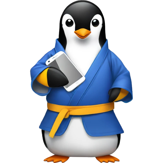A penguin wearing sunglasses holding a cell phone in a jiu-jitsu kimono  emoji