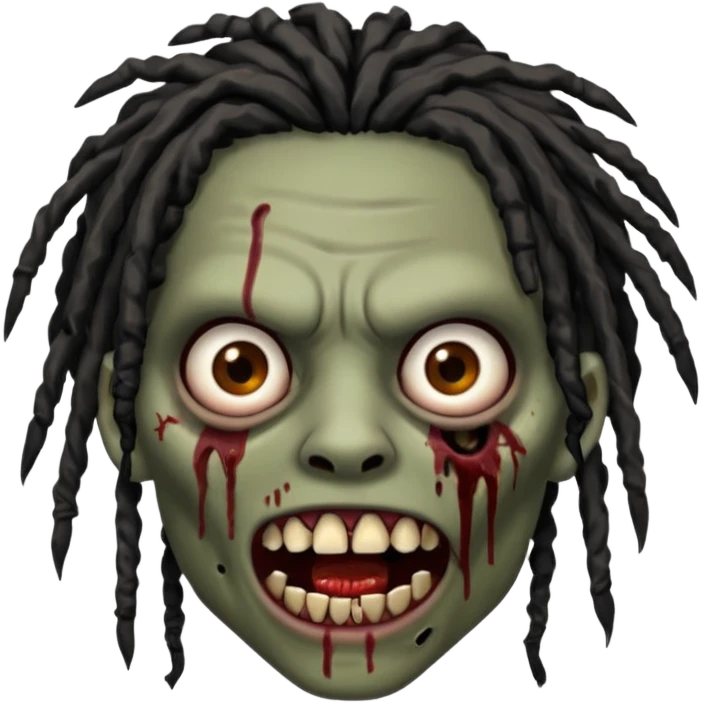 zombie with brown skin, messy black dreads hair, wide centered brown eyes, dark bloody marks under the eyes, and a slightly open mouth showing crooked teeth grillz, giving a distressed, undead look. emoji