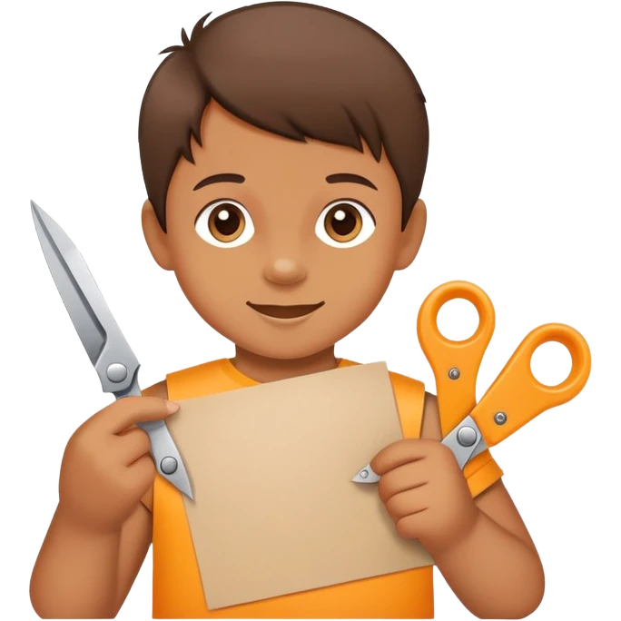 child cutting paper with safety scissors, cheerful and creative emoji