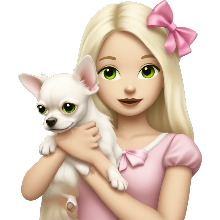 pale blond girl with long platinum hair with green eyes holding a white chihuahua puppy that wearing a pink bow emoji