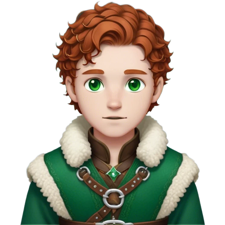 Medieval winter outfit worn by a DnD themed fantasy male character. Rich brown leather-trimmed wool tunic with sheepskin lining, featuring intricate metal buckles at the collar, paired with a heavy braided belt. Clothes only above the waist, full waist coverage. The character has no arms. Character is white-skinned with auburn hair, emerald green eyes, and short curly hair beneath a light dusting of snow. emoji