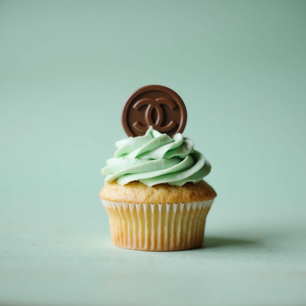 photorealistic pastel mint Chanel cupcake with a chocolate Chanel logo disk, elegant, no background emoji