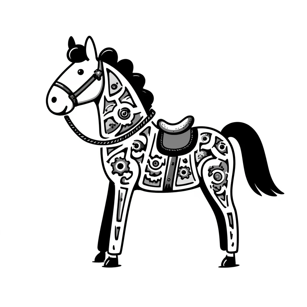 Detailed sketch of a horse assembled from mechanical cogs, analog components, exposed wires, and rope connecting the parts emoji