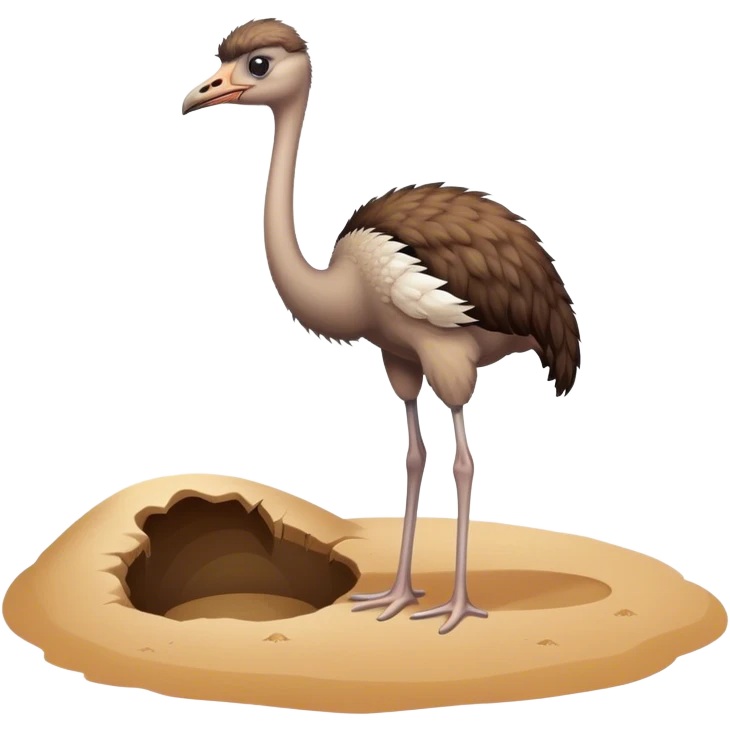 An ostrich standing next to a hole, with their head in the hole in the sand. emoji