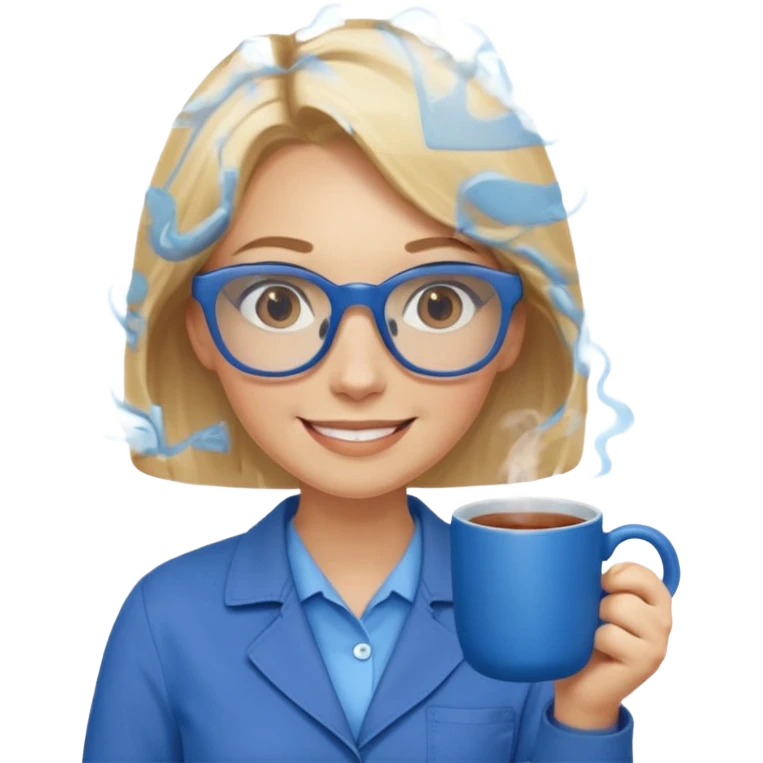 Blonde haired women with blue glasses and a brown worksuit on holding a blue mug of tea and smiling.  emoji