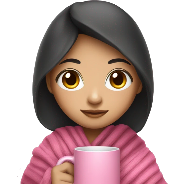 Asian girl with dark hair wearing a blanket and holding a pink mug emoji