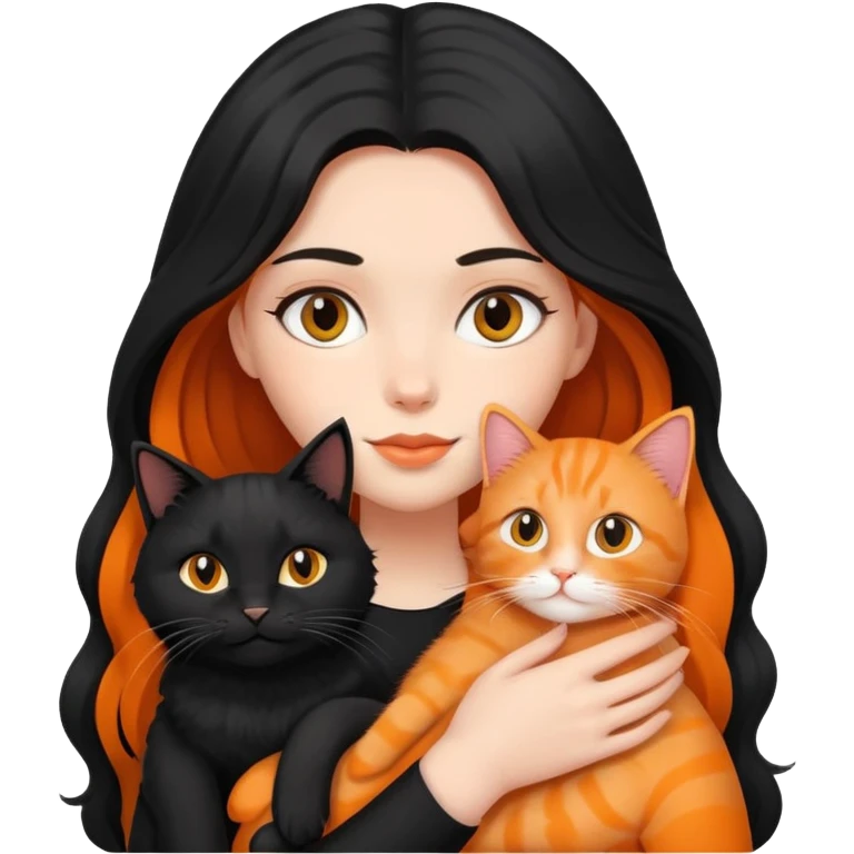 A black long haired girl holding a black cat and an orange long haired cat emoji