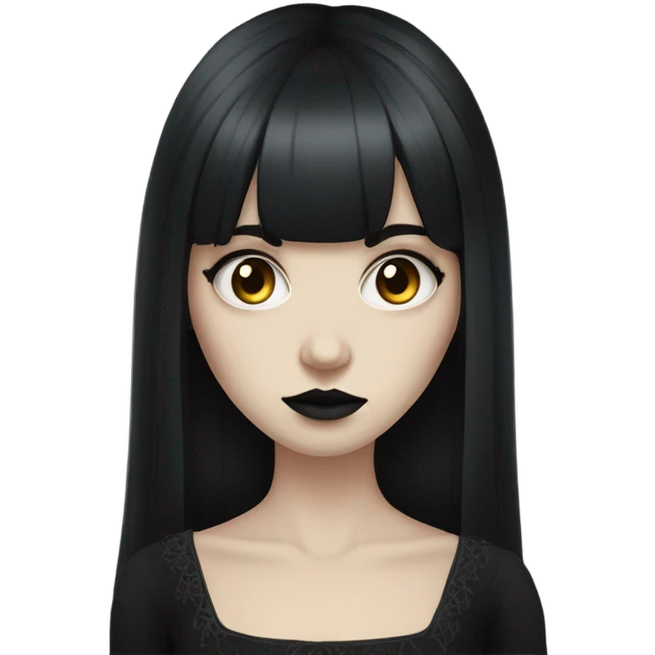 portrait one single goth women with pure white skin, dark hair, long hair, short bangs, dark makeup, gothic detailed dress bell arms  emoji