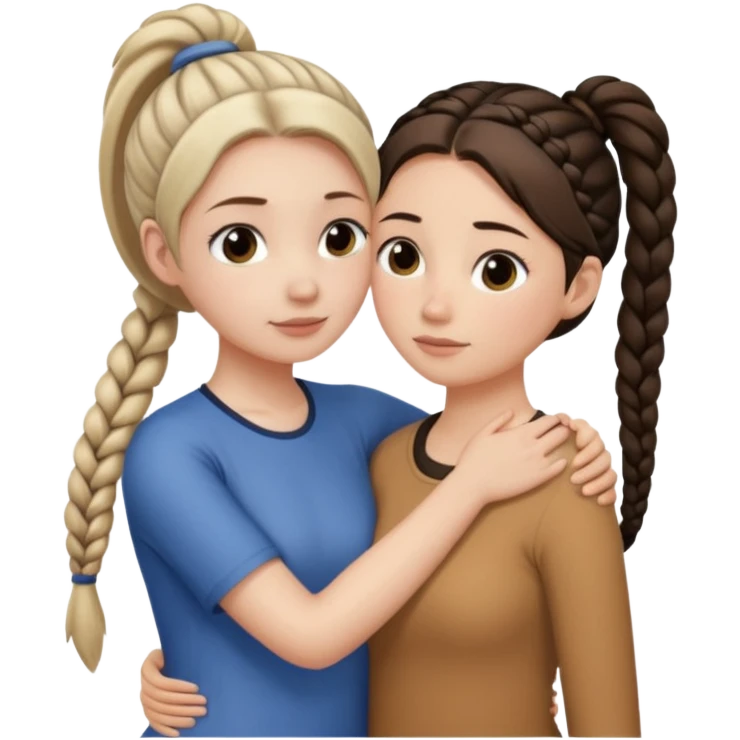 Comforting Hug two white skin women, one shorter woman with medium brown simple top ponytail, not braided, and one taller woman with a single long black side braid emoji