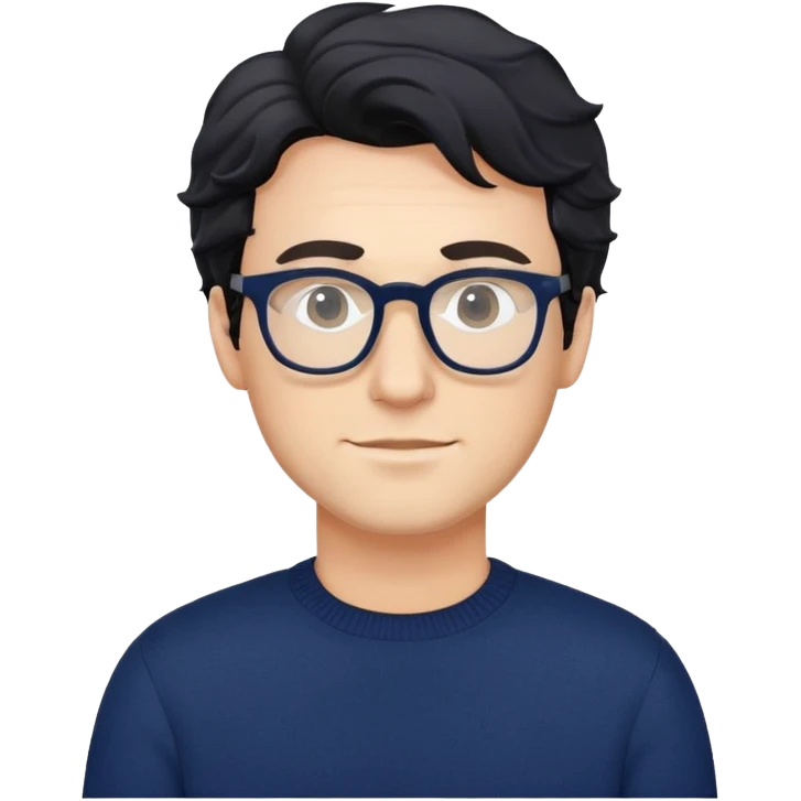 Caucasian man with black wavy hair wearing glasses and a long sleeve navy blue sweater emoji