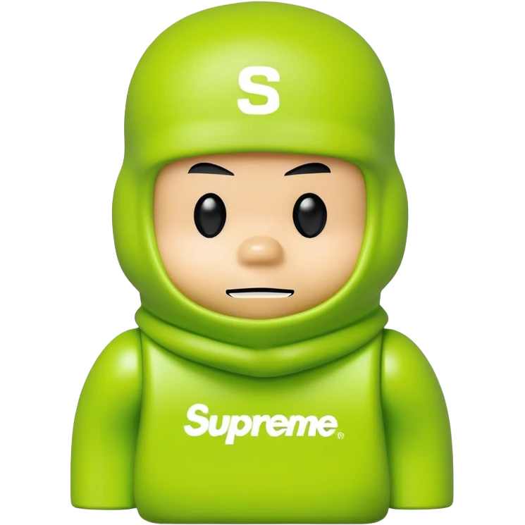 bearbrick toy wearing a lime green balaclava with Supreme logo and thick aggressive eyebrows showing above emoji