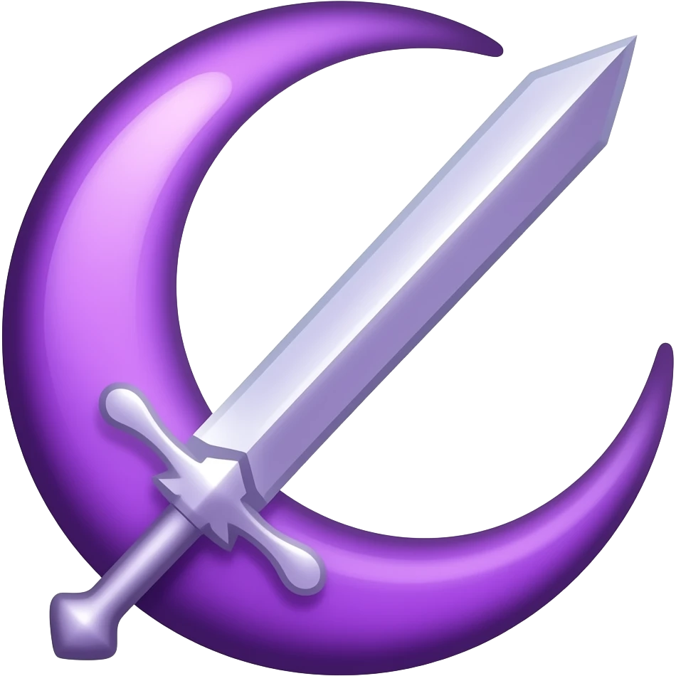 Crescent glowing purple moon with sword, glowing violet, clean emoji icon, minimal, centered, transparent background. emoji