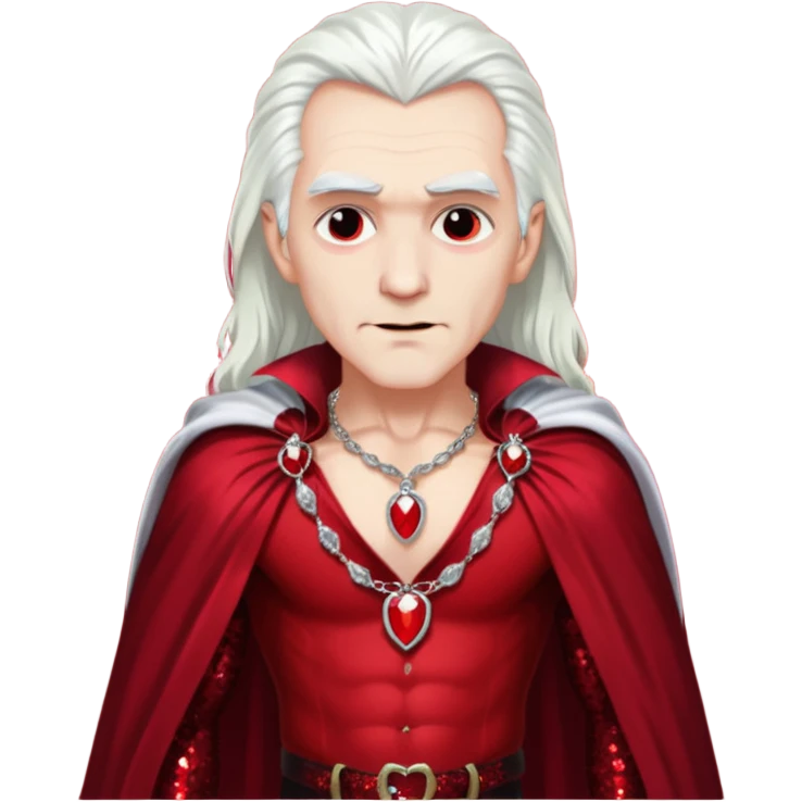 Dracula with long white hair, dark red sequin baggy pants, shirtless with necklace, dark red sequin cape emoji