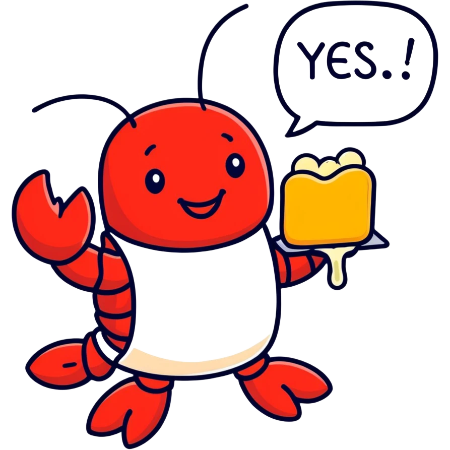 A smiling red lobster with a food bib, holding a Twinkie that has cream coming out of it with the Twinkies bubble word caption saying yes, squeeze me emoji