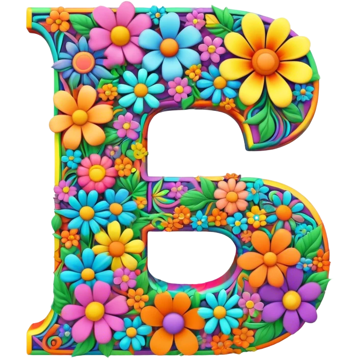 3D, gothic style psychedelic colored Letter “D” with hippie style flower border emoji