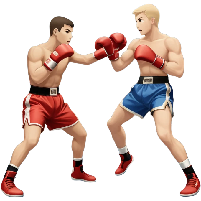 An icon symbolizing kickboxing, featuring two fighters in the ring. One throws a powerful high kick, while the other counters with a punch. The background shows a boxing ring with ropes and a crowd in the distance. Transparent background emphasizes the dynamic energy emoji
