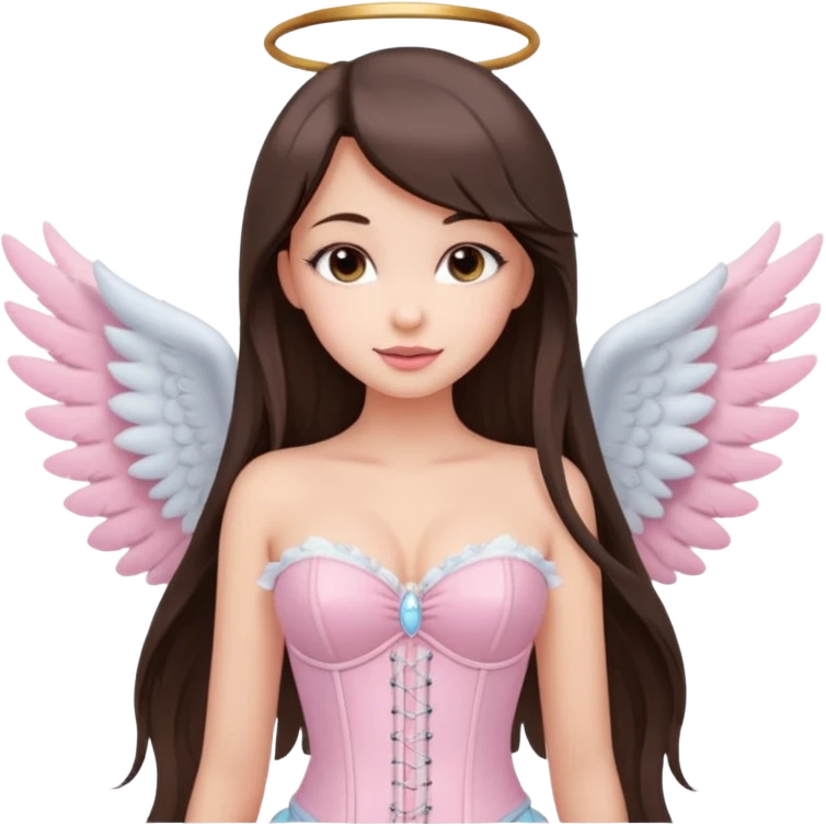cute brunette girl, full lips, long straight hair, light makeup, pastel pink corset top, angel wings, smirk emoji