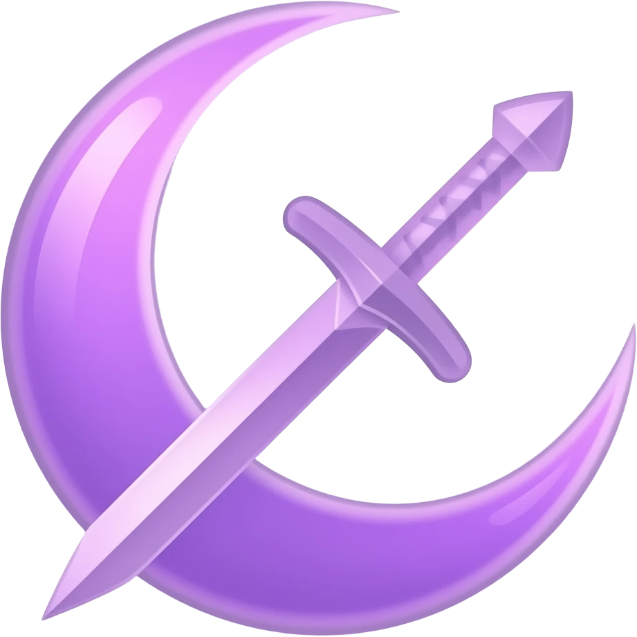 Glowing purple crescent moon with an elegant glowing purple transparent sword, emoji style. Soft violet and pink glow, minimal clean design, smooth edges, subtle lighting, centered, high contrast, transparent background. emoji