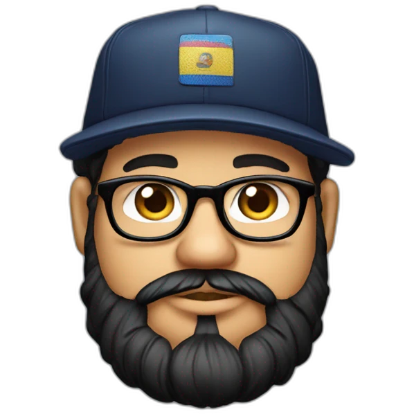 chubby venezuelan programmer with beard, glasses, yankess hat, airpods with tattoos emoji