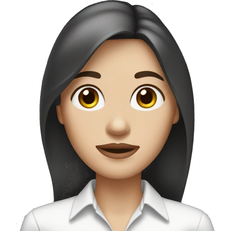A woman with long brown hair, a white dress shirt and black pants, a thin face, thin mouth, big eyes and white skin. emoji