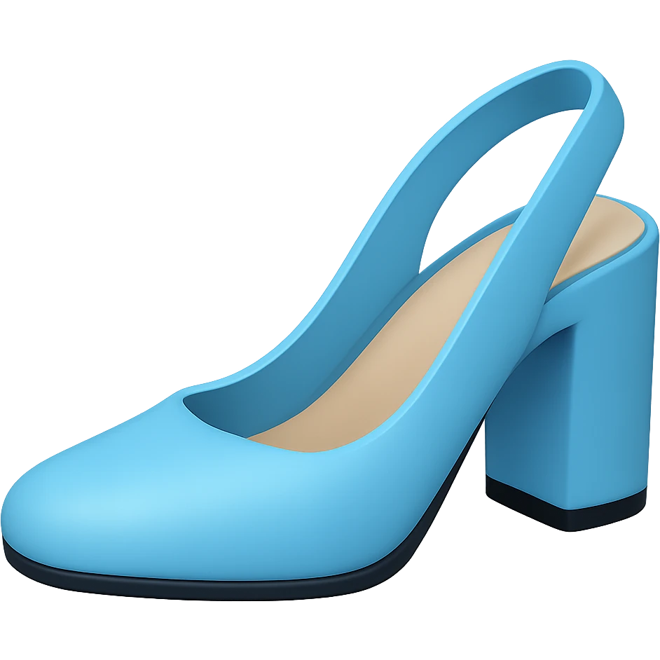 Edit the image to depict a light blue slingback pump shoe with a slightly flat, very thick heel in the style of Apple emojis. Ensure the background is transparent. emoji