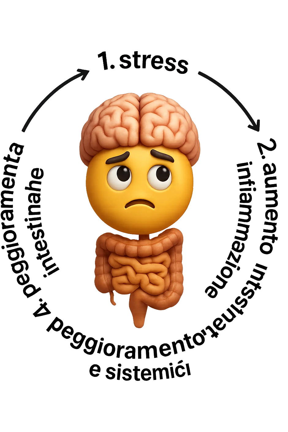 EMOJI STILE IPHONE 3D DI un cerchio con queste scritte che girano intorno in ordine per come li ho scritti "1. stress → 2. peggioramento intestinale → 3. aumento infiammazione → 4. peggioramento sintomi intestinali e sistemici." al centro del cerchio metti un cervello e intestino umani collegati verticalmente con espressione dubbiosa in volto, FALLO MOLTO REALISTICO IN 3D emoji