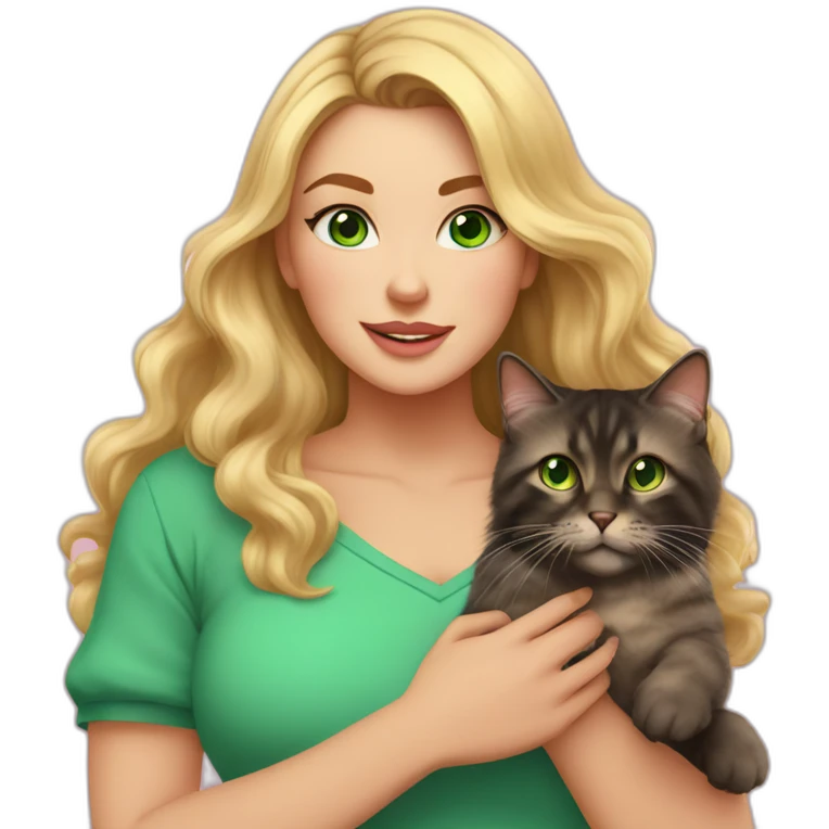 woman with green eyes and long wavy blonde hair and big boobs in a pink shirt is holding a very fluffy and fat black and tortoiseshell cat emoji