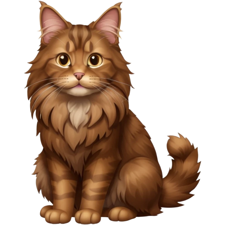 A high-resolution photo-realistic digital illustration of a brown maine coon cat, full body emoji