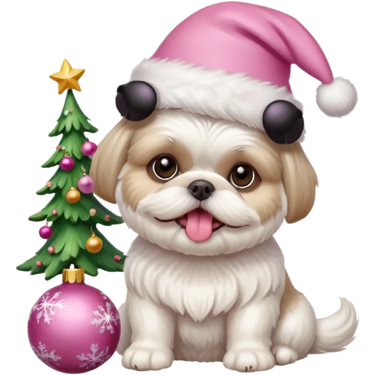 one white all over little shih tzu dog short hair with tongue hanging out sitting with light pink christmas hat sitting next to pink ornament emoji