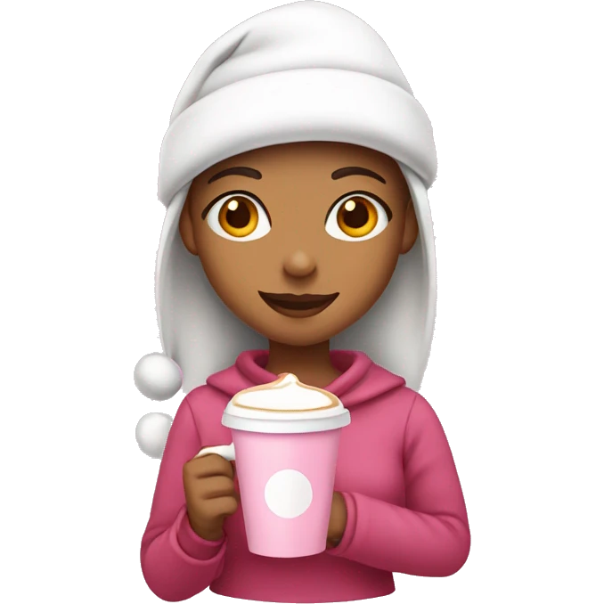 A girl wearing a pink Santa hat holding a latte emoji