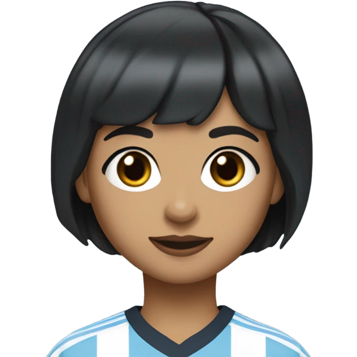 short hair girl, crunchy curtain bangs, with pixie back hair, black hair, dark brown eyes, with short eyelash, tan skin plump lower lip with a darker of shade on the upper lip, wearing a Manchester City jersey 24/25 season emoji