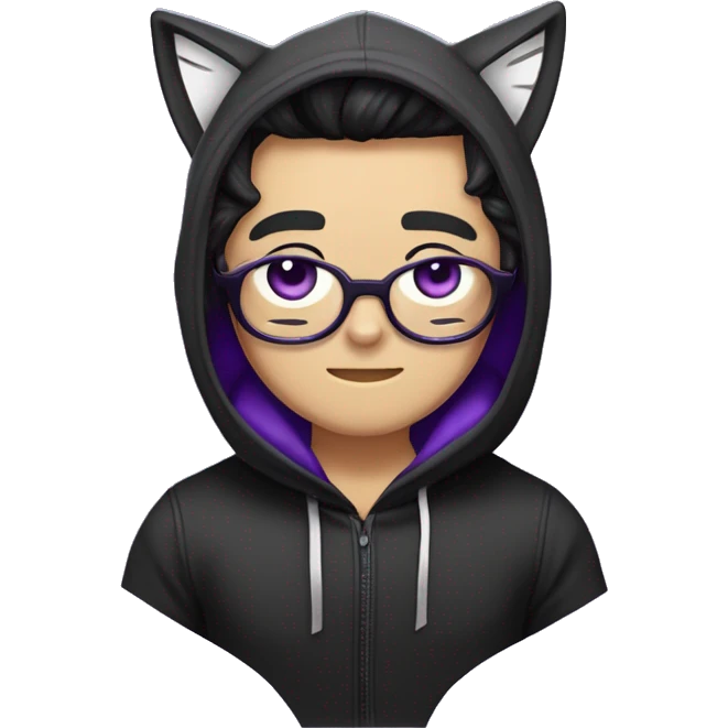 Male human upper body with cat whiskers and black/white hair divided in the middle, dressed in a black hoodie with cat ears and Lilia ear muffs and purple ribbons, eye color also purple. emoji
