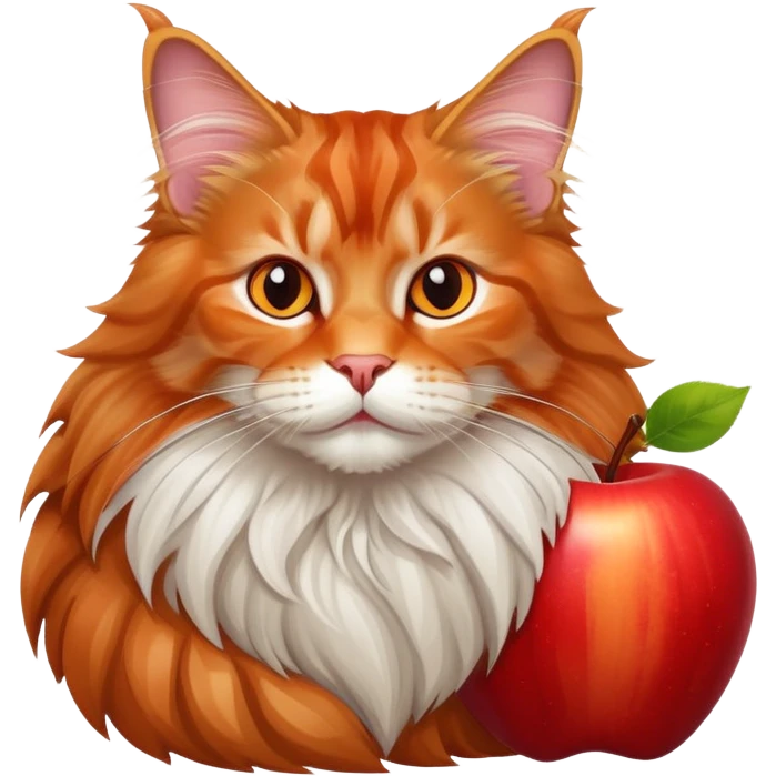 A Maine coon is lying on a big apple emoji
