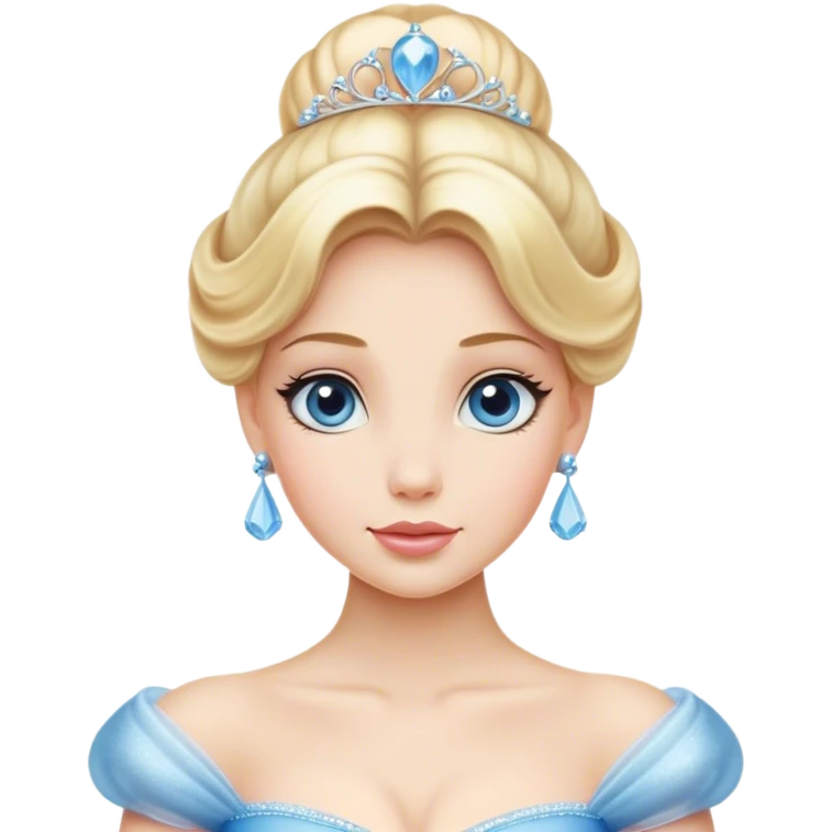 Cinematic Elegant Cinderella Portrait Emoji, rendered in a cinematic, vector-style with minimal shading and bold, simplified shapes. Depict Cinderella in her classic ball gown (chest and above) with fair, porcelain skin and elegantly styled blonde hair, her eyes soft and kind, and her expression serene and graceful. The design glows with a gentle, enchanting radiance and high shine, capturing the timeless beauty of a fairy tale princess. emoji