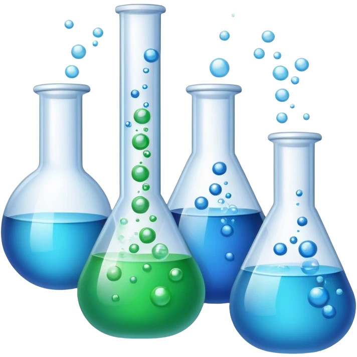 An icon featuring laboratory flasks with tubes, symbolizing chemistry. The design includes liquid and powder substances, a chemical reaction with bubbles, and molecular formulas, representing chemical processes like hydrolysis. Transparent background emoji