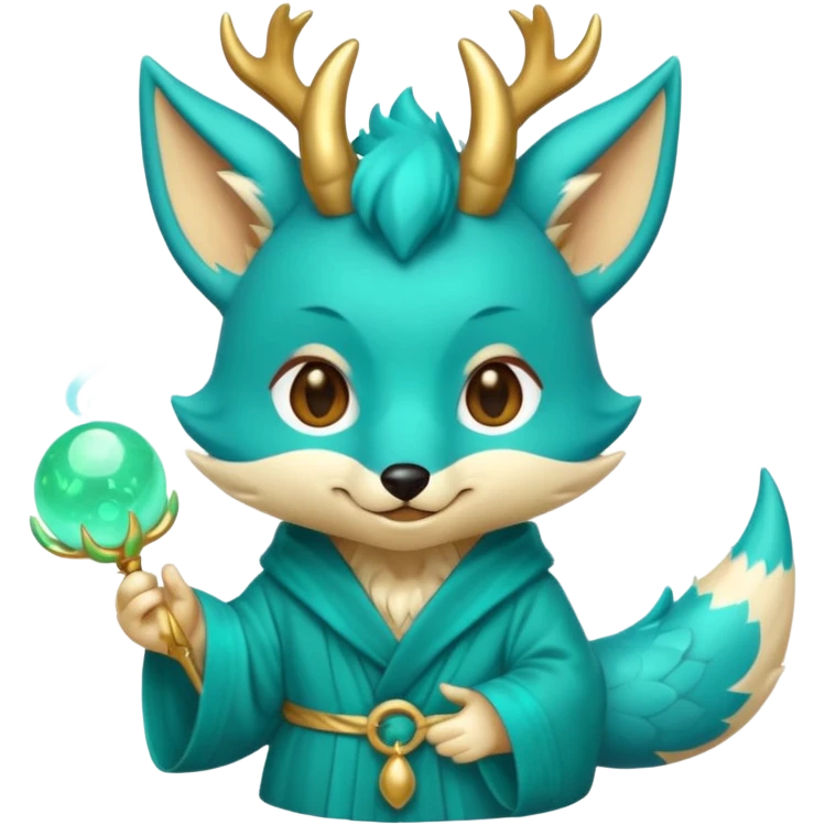 Cute chibi teal fox-dragon emoji with small antler horns, playful face with tongue out, swirl eyebrows, gold forehead mark, teal-gold robe, holding glowing blue orbs, soft pastel vector style. emoji