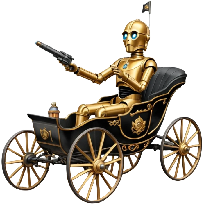 Action in Old American West tarnished C-3PO bounty policeman in 1864 delicately ornate rosegold accents painted buggy powered by electric motors and batteries with safety features and belts flying rapidly across rough dusty terrain  emoji