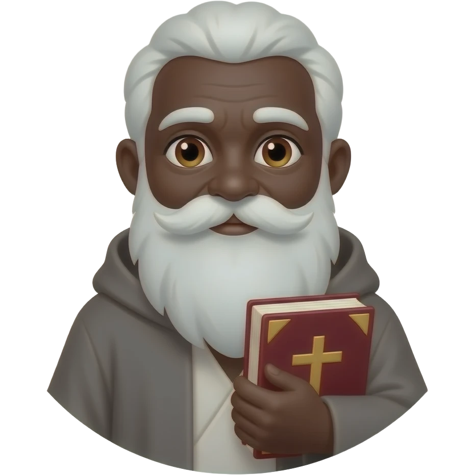 wise old man with greying white hair brown eyes white beard robe black skin with burgundy book that has a cross on it no circle emoji