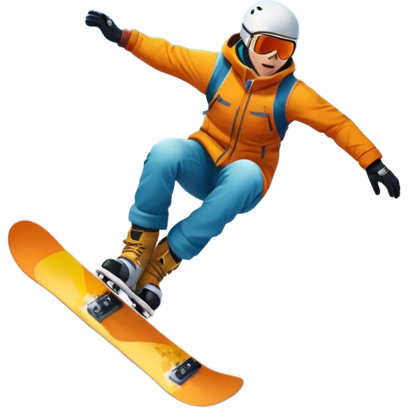 An icon showing a snowboarder performing an exciting jump on a snow-covered slope. The background features towering mountains, snow-covered trees, and a bright, clear sky. Transparent background highlights the speed, agility, and thrill of snowboarding. emoji