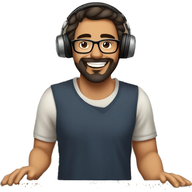 A vibrant, cartoon-style illustration of a young man with dark hair, glasses, and a trimmed beard, happily working at a mixing console in a cozy, modern music studio with warm tones and soft natural light. emoji