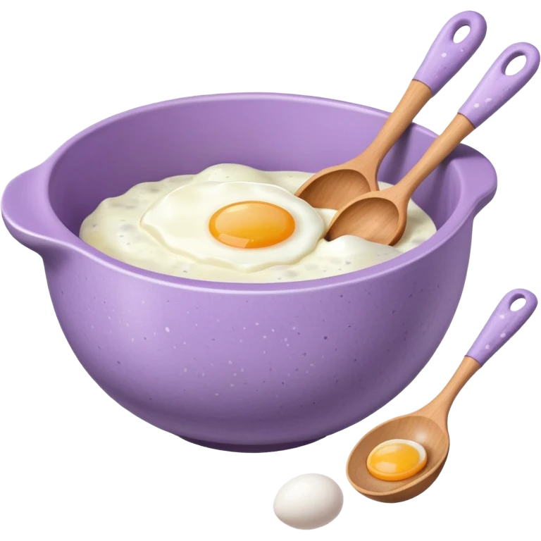 a lilac ceramic mixing bowl with a wooden spoon stirring and sitting next to it is a few eggs emoji