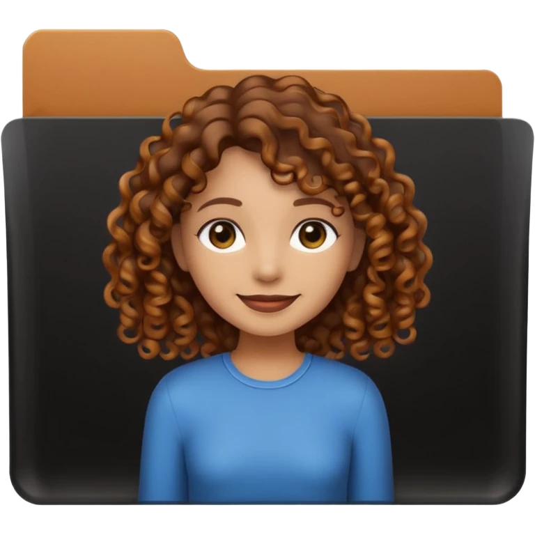 A **simple emoji-style icon** of a **black transparent plastic folder**, sleek and minimal, with **rounded corners**, subtle translucency, soft shading, and a **small illustrated logo of a canela-skinned girl with natural curly hair and a warm smile**, simplified and icon-like.
 emoji