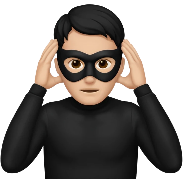 a man in a black mask without eyes and a mouth covers his ears emoji