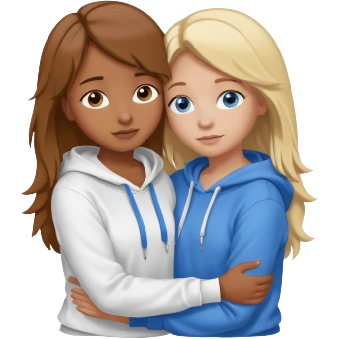 two Girls, Brown and Blonde hair, with Blue Eyes hugging one has Brown hair cute Hug another Version  Both Blue eyes and white hoddies Brown haired blonde on emoji