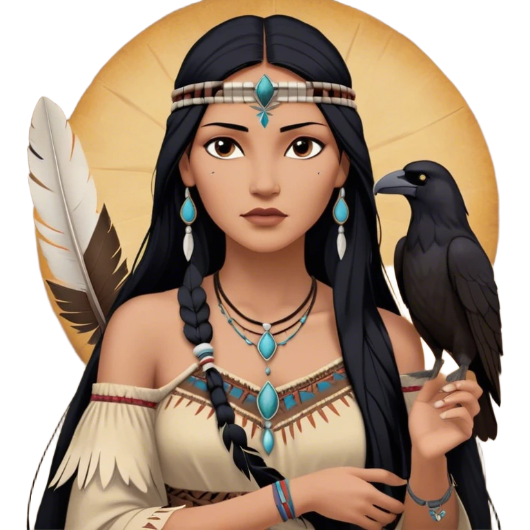 Cinematic Realistic Pocahontas Portrait, depicted with lifelike skin texture, soft natural lighting, and intricately detailed long, flowing raven-black hair that moves gracefully in the wind. Her deep, soulful dark brown eyes exude wisdom and strength, complemented by a serene yet powerful expression. She is shown gently holding a feather in one hand, her other hand resting lightly at her side, embodying the harmonious balance between nature and herself. She is dressed in her classic one-shoulder native American dress, with rich fabric textures and delicate beaded details that catch the light beautifully. The portrait features a soft, sun-kissed glow with a natural, radiant finish, capturing the essence of untamed beauty and deep connection to nature in a realistic and painterly style, evoking a sense of depth and authenticity. emoji
