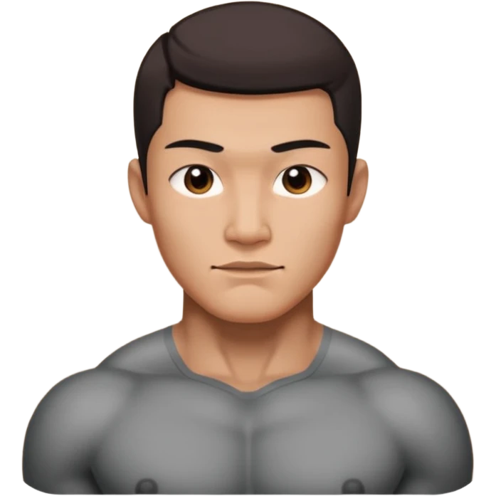 A standing buff shirtless asian guy with a really square jawline. Make his jawline extremely square and exaggerated. Also give him a middle part haircut. Give him a block square head emoji