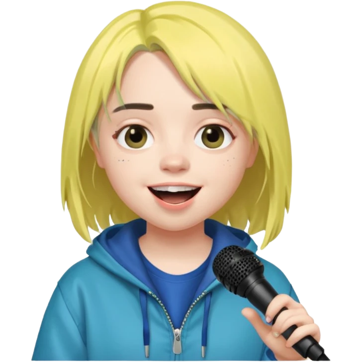 billie eilish is singing, holding mirco and smile emoji