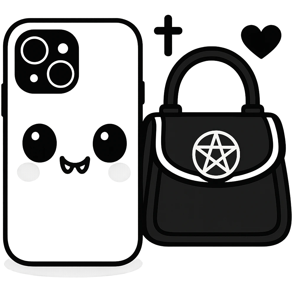 Change the color scheme to white and black, gothic kawaii phone case, big eyes, smiling, playful, cartoonish, gothic symbols, pastel toon style, no background. emoji